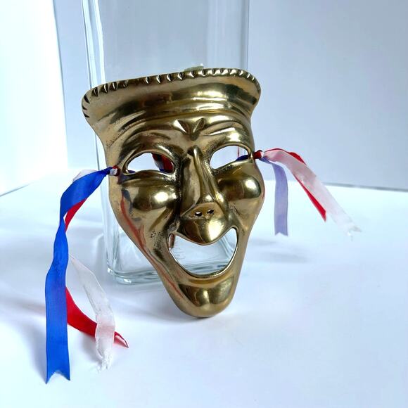 Solid Brass Theatre Mask Comedy Tragedy Face with French Ribbons 5" - Picture 5 of 6
